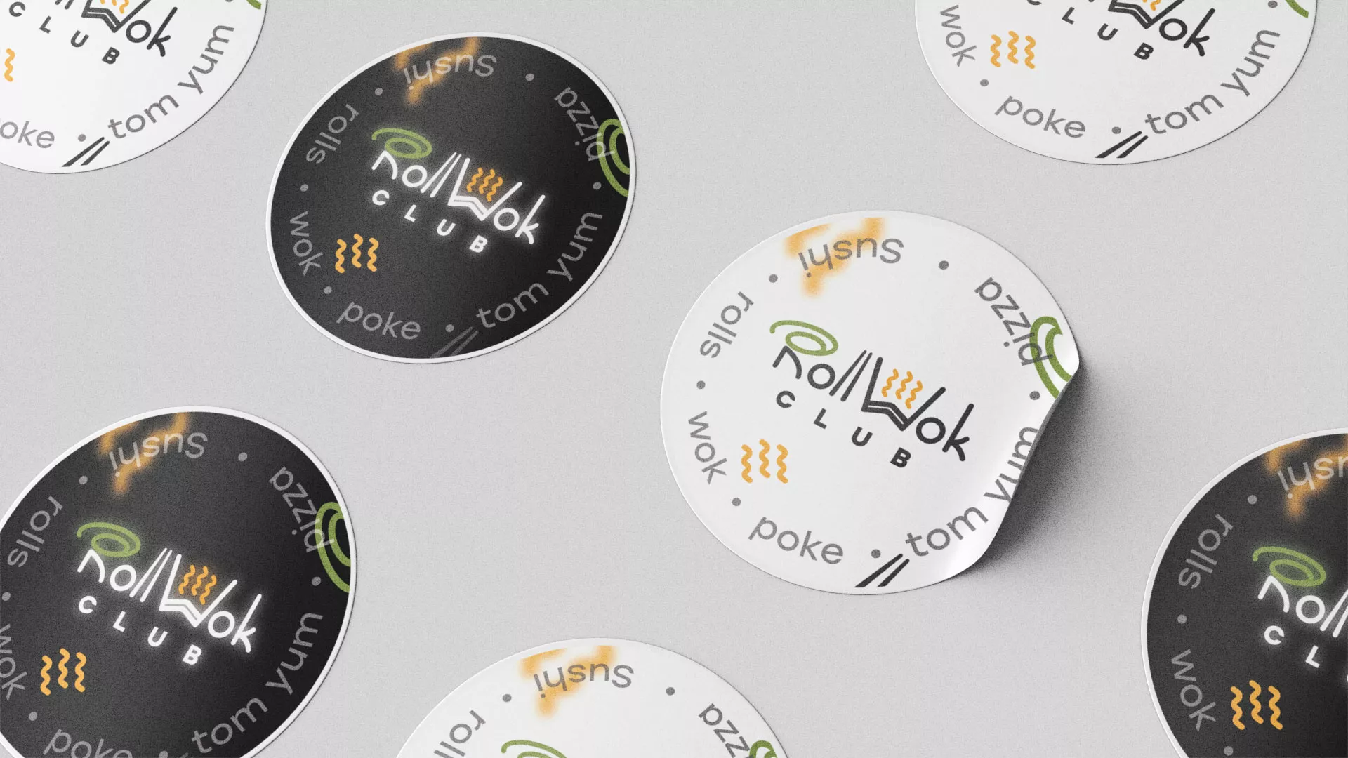 Разработка наклеек для суши-бара «Roll Wok Club» в Сосенском